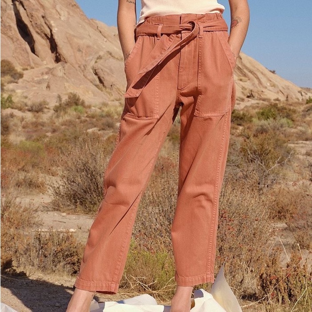 AMO Womens 26 Paperbag High Rise Pants Suntan Orange Belted Spring Summer Vacay
